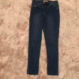 Size 24 blue jeans with gold lining , forever 21 mid rise jeans